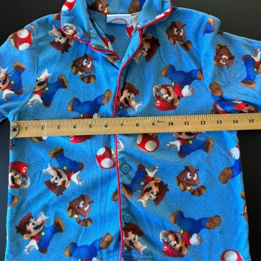 Super Mario Land Blue Fleece Pajama Top Kids Button Front Long Sleeve